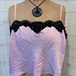 Victoria's Secret pink silk cropped cami top with black lace trim S/M
